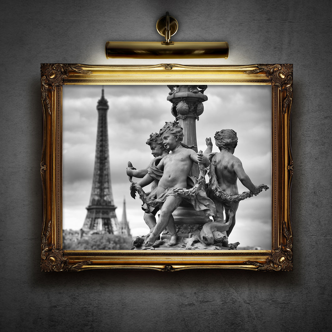 Cherub Statue with Eiffel Tower Photograph Wall Art Print