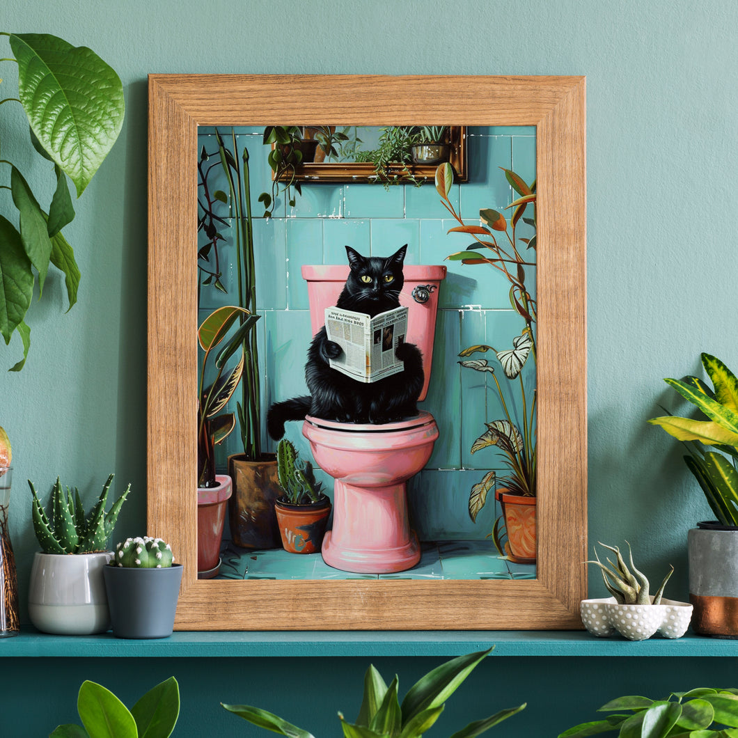 Cat on Toilet Reading the Newspaper Wall Art Print