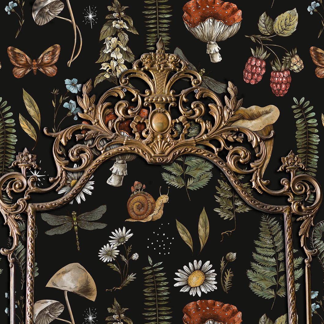 Addle Gardens Black Botanical Cottagecore Wallpaper