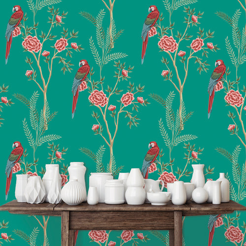 Blue botanical parrot Chinoiserie fabric peel and stick wallpaper with table and white jars