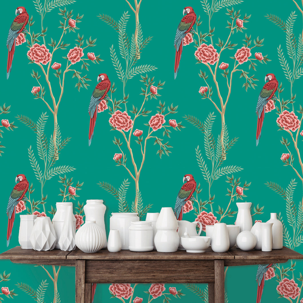 Blue botanical parrot Chinoiserie fabric peel and stick wallpaper with table and white jars