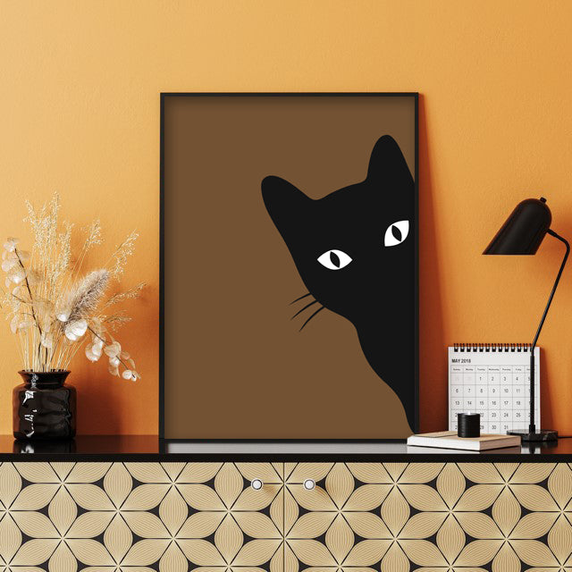 Black Cat Peeking Around Corner Wall Art Print