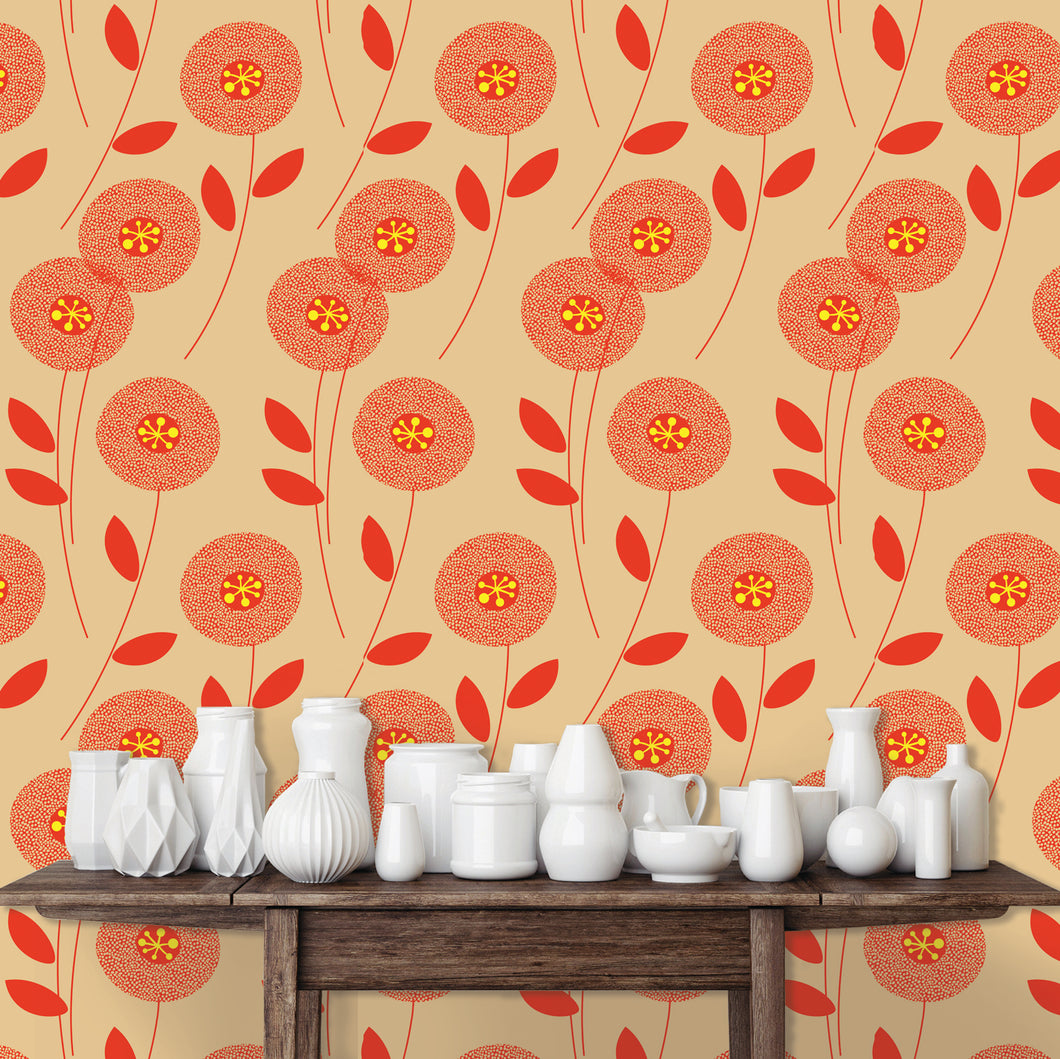 Viviann Red Orange Vibrant Floral Wallpaper