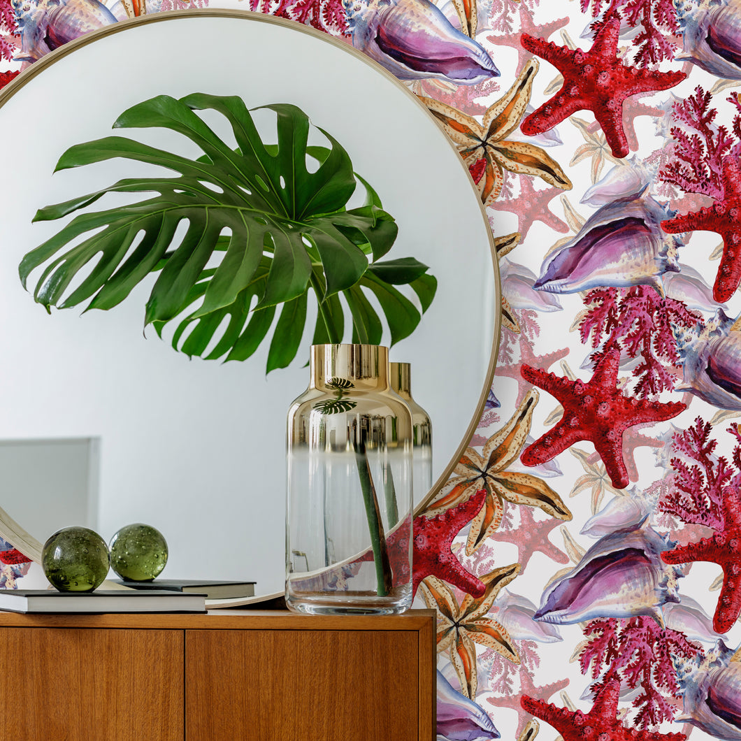 Sea Star Pink Tropical Starfish and Seashell Wallpaper