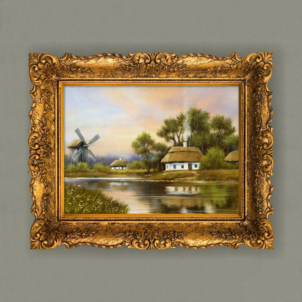 Vintage Dutch Windmill Landscape Painting Wall Art Print
