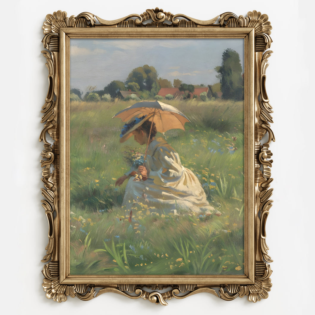 Lady with a Parasol Picking Flowers, by Ernst Henseler, circa 1852-1940