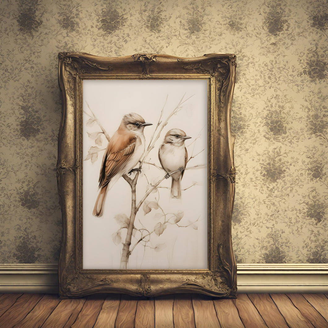 Vintage Two Birds on a Branch Drawing Wall Art Print