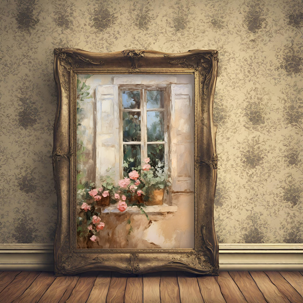 Vintage French Country Window with Flowers Wall Art Print