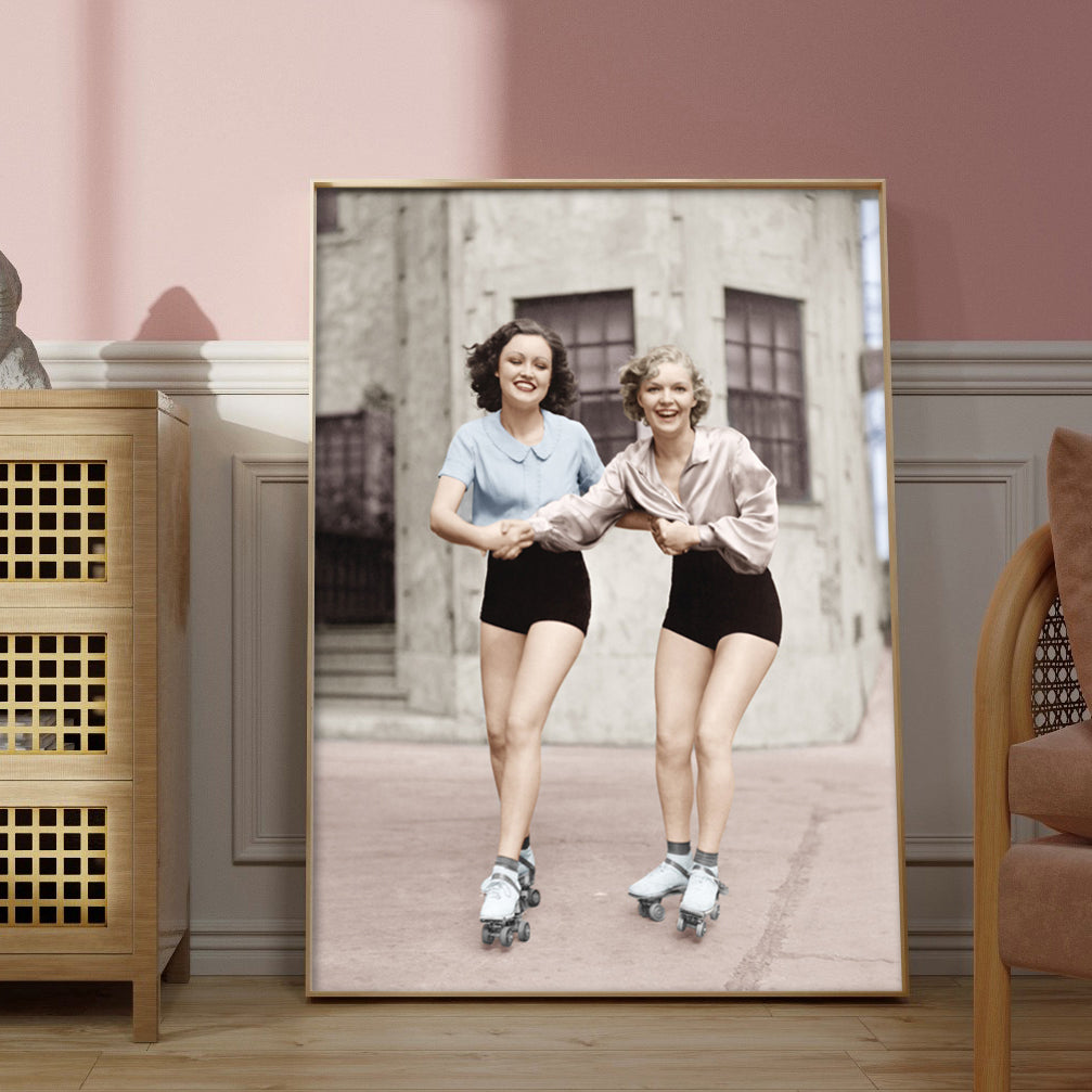 Vintage Portrait of Two Young Women Roller Skating Wall Art Print