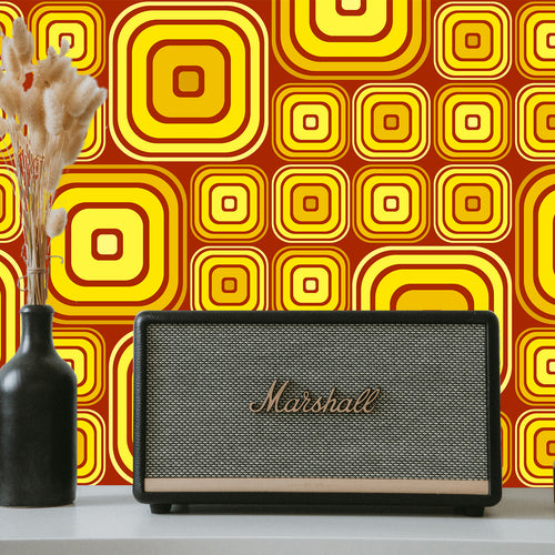 Orange vintage retro bold geometric fabric peel and stick wallpaper with vintage radio and vase