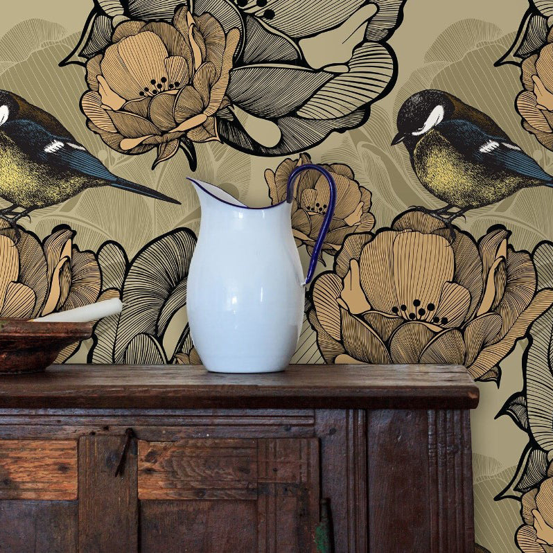 Downes Court Beige Botanical Bird Wallpaper