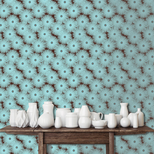 Blue and brown floral fabric peel and stick wallpaper with table and white jars
