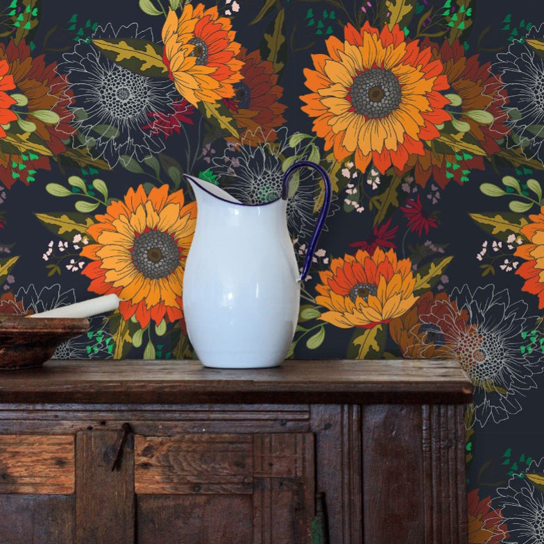 Badlis Road Blue and Orange Floral Wallpaper