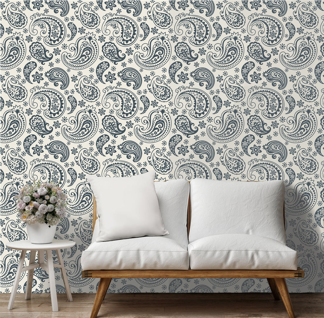 Blue and white boho paisley peel and stick wallpaper.