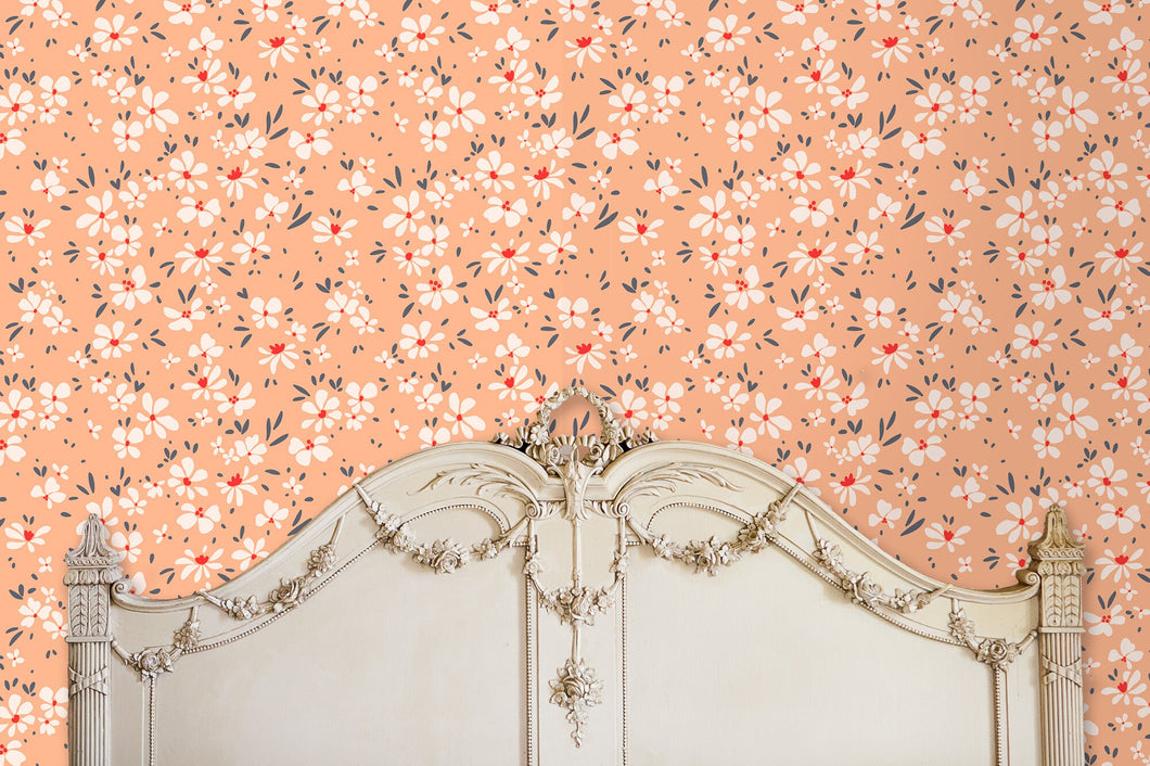 Pink Victorian chintz floral peel and stick wallpaper with antique bed