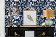Load image into Gallery viewer, Blue Victorian floral peel and stick wallpaper

