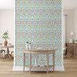 Load image into Gallery viewer, Blue and yellow antique vintage damask peel and stick wallpaper
