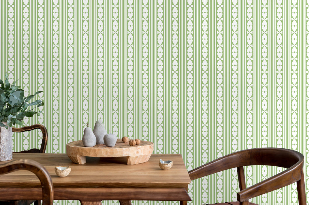 Vintage retro green geometric peel and stick wallpaper.