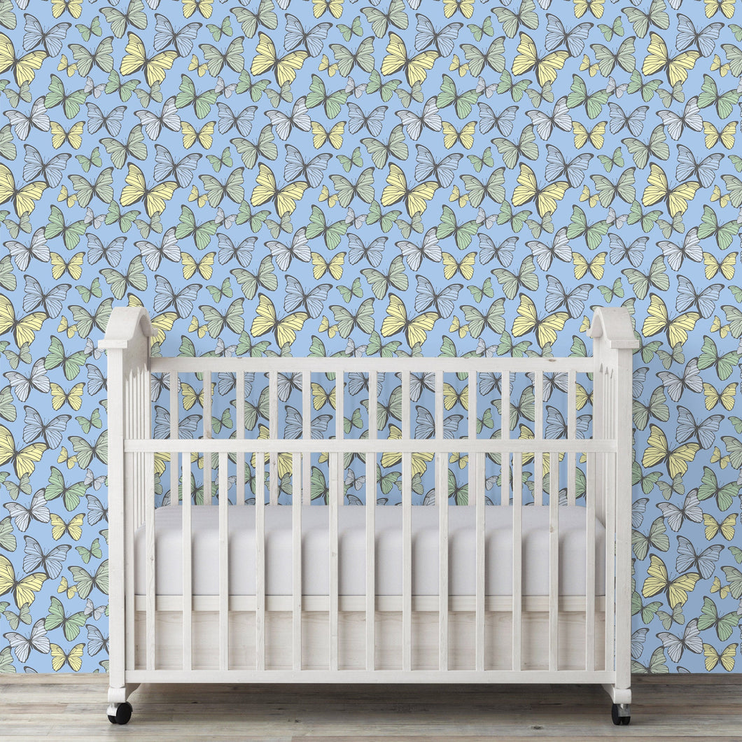 Blue and yellow girl's room butterfly peel and stick wallpaper