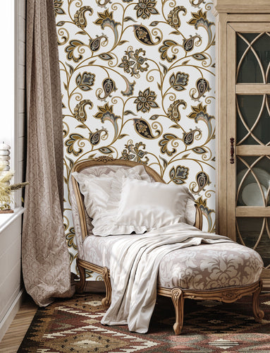 Gold and blue Victorian baroque peel and stick wallpaper