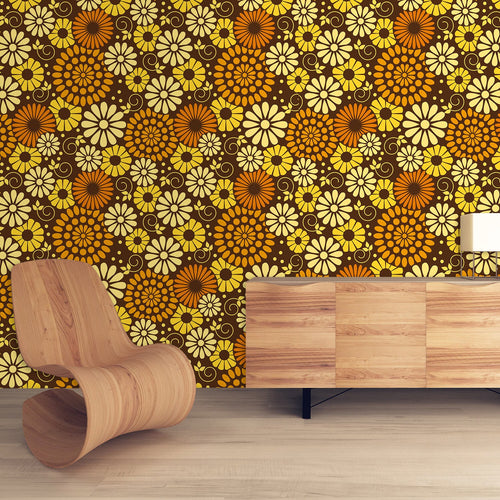 Vintage Mid-century modern floral orange and brown peel and stick wallpaper