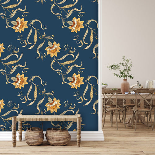 Victorian blue floral fabric peel and stick wallpaper