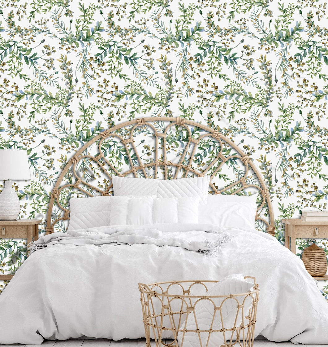 Botanical watercolor peel and stick wallpaper