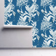 Load image into Gallery viewer, Blue Chinoiserie Victorian bird peel and stick wallpaper
