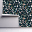 Load image into Gallery viewer, Chinoiserie dark floral peel and stick wallpaper

