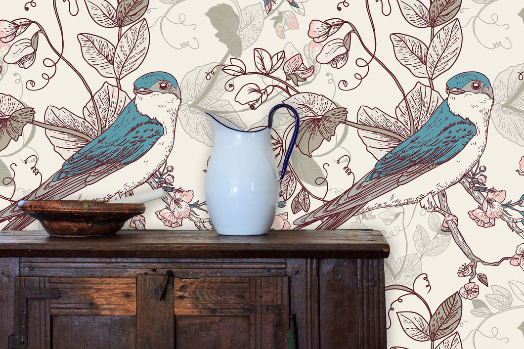 Chinoiseries Victorian bird floral peel and stick wallpaper with cabinet, water pitcher and bowl