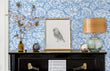 Load image into Gallery viewer, Victorian botanical blue birds floral fabric peel and stick wallpaper
