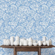 Load image into Gallery viewer, Victorian botanical blue birds floral fabric peel and stick wallpaper
