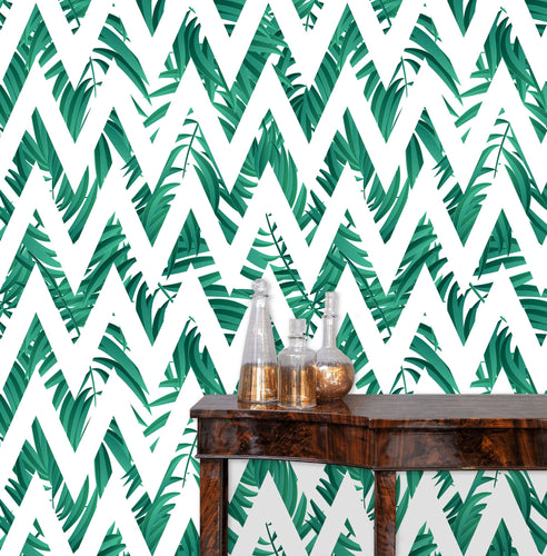 Geometric palm leaves tropical fabric peel and stick wallpaper