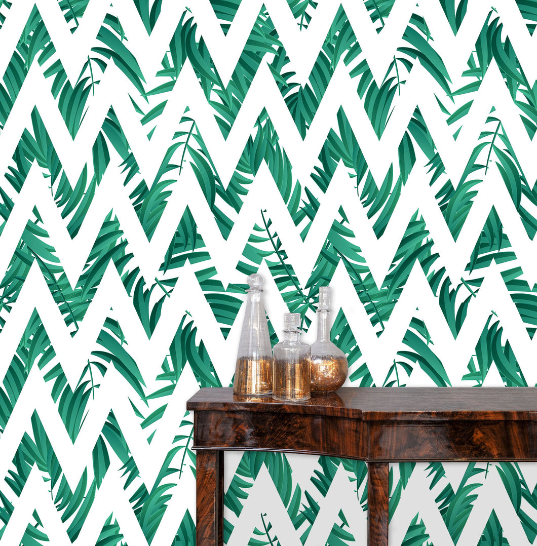 Geometric palm leaves tropical fabric peel and stick wallpaper