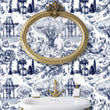 Load image into Gallery viewer, Blue English antique toile fabric blend peel and stick wallpaper
