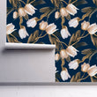 Load image into Gallery viewer, Pink and blue Victorian dark floral fabric peel and stick wallpaper

