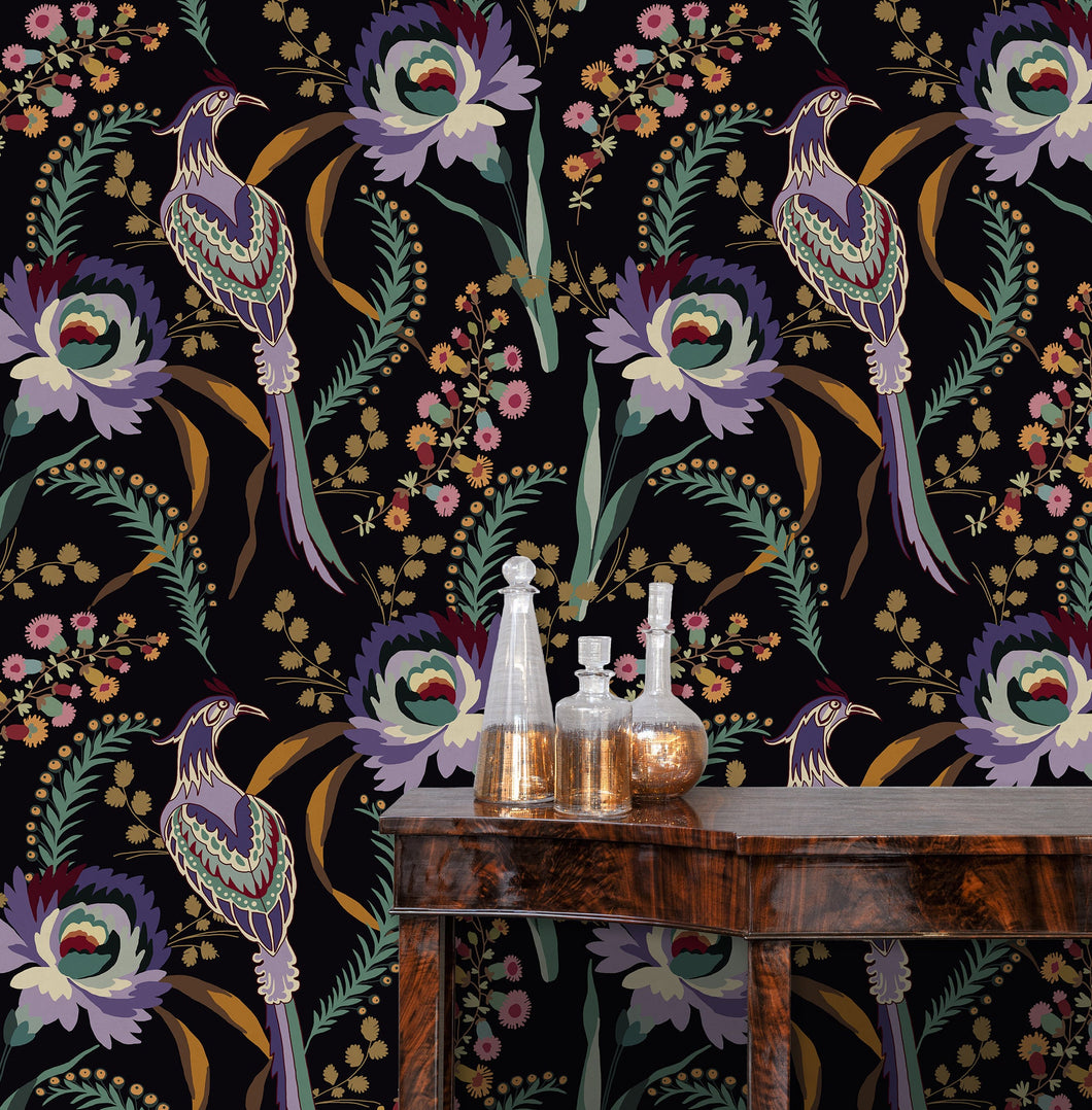 Black Chinoiseries Victorian bird peel and stick wallpaper