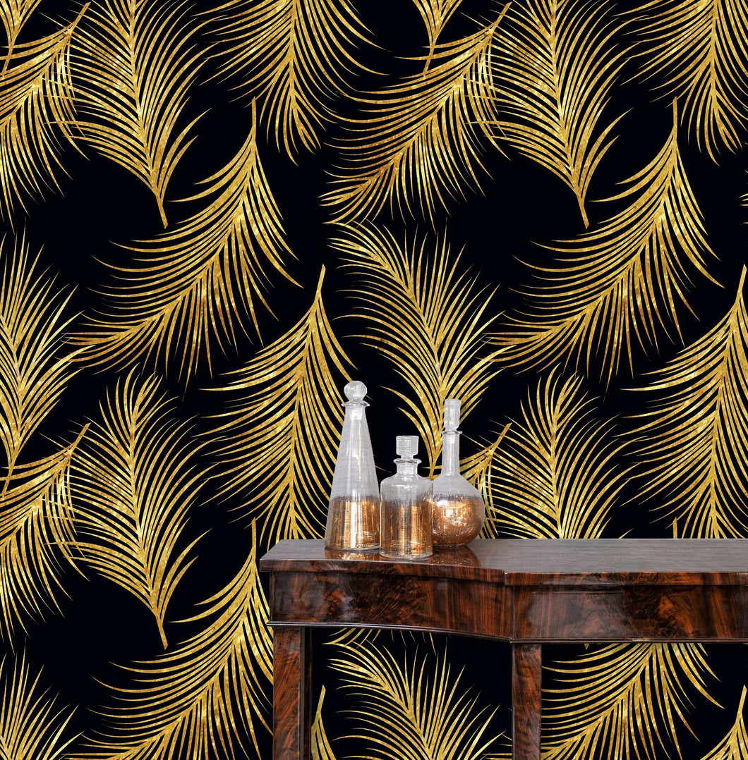 Gold and black Art Deco feather peel and stick wallpaper