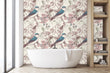 Load image into Gallery viewer, Chinoiseries Victorian bird floral peel and stick wallpaper in bathroom with bath tub and shelves
