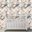 Load image into Gallery viewer, Chinoiseries Victorian bird floral peel and stick wallpaper in girl&#39;s nursery with crib

