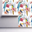 Load image into Gallery viewer, Mid-Century Modern tropical bird and flowers fabric peel and stick wallpaper
