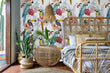 Load image into Gallery viewer, Mid-Century Modern tropical bird and flowers fabric peel and stick wallpaper
