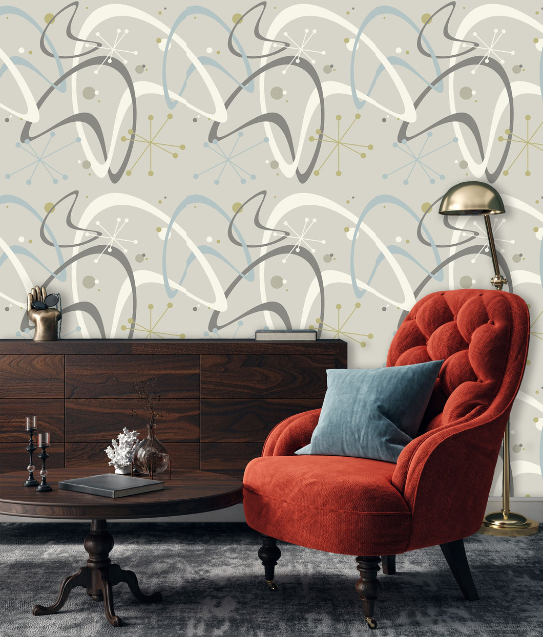 Vintage Mid-century modern grey peel and stick fabric wallpaper