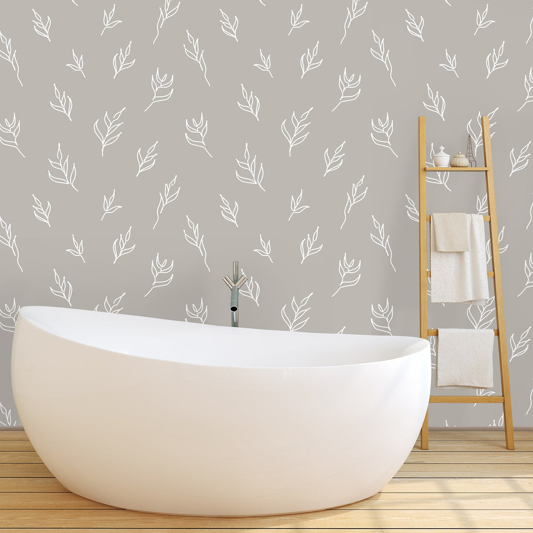 Grey botanical leaf fabric peel and stick wallpaper