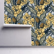 Load image into Gallery viewer, Victorian mid-century-modern floral blue and gold peel and stick wallpaper
