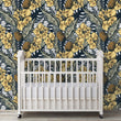 Load image into Gallery viewer, Victorian mid-century-modern floral blue and gold peel and stick wallpaper
