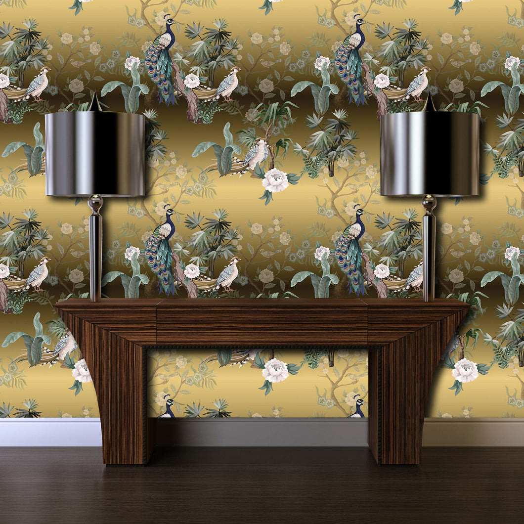 Victorian gold peacock Chinoiseries peel and stick wallpaper