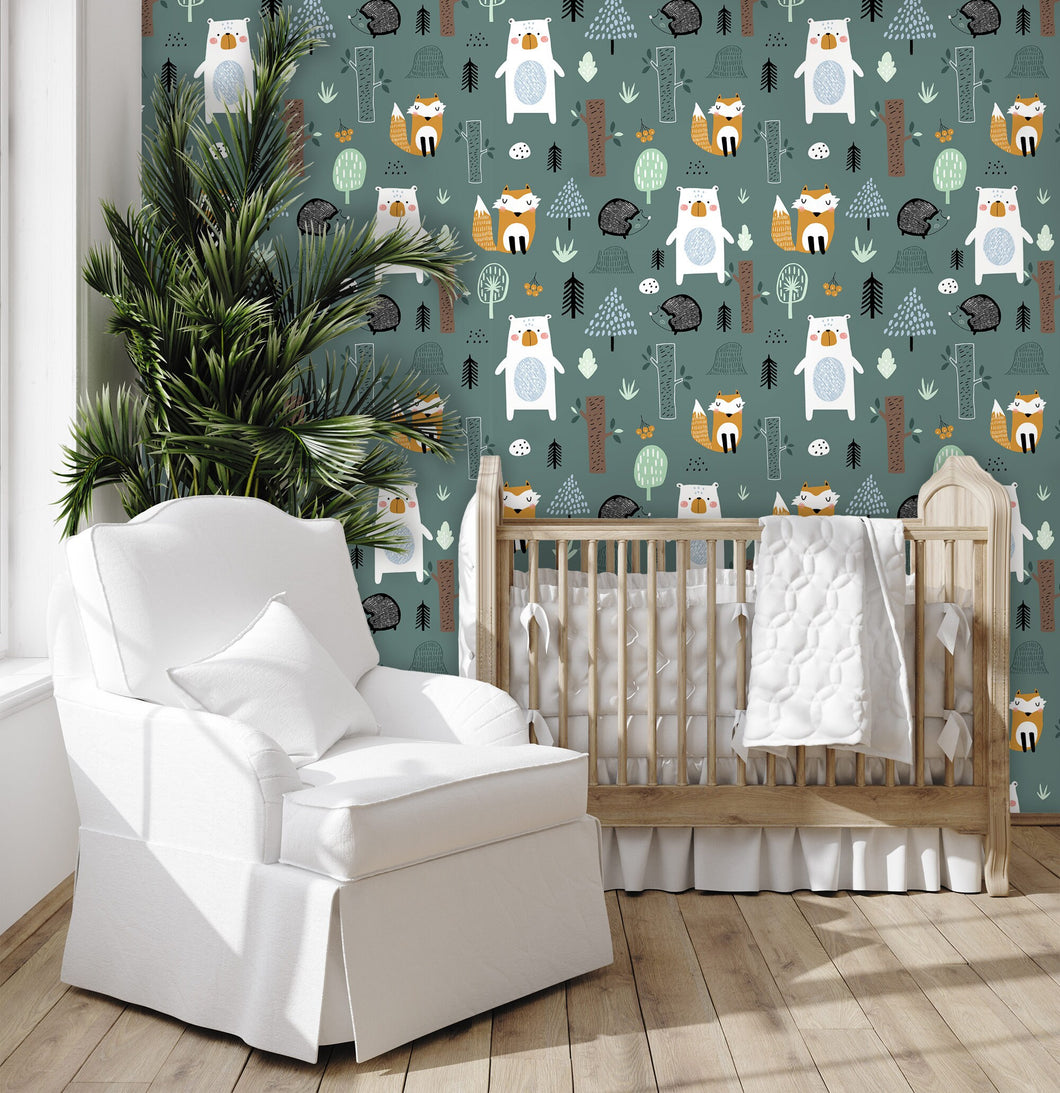 Blue woodland animals boy room peel and stick wallpaper