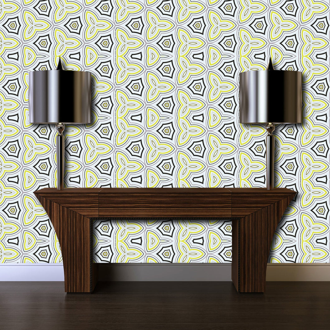 Vintage retro Mid-century Modern geometric yellow and brown fabric blend peel and stick wallpaper