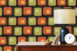 Load image into Gallery viewer, Geometric Mid-Century Modern green and orange peel and stick wallpaper
